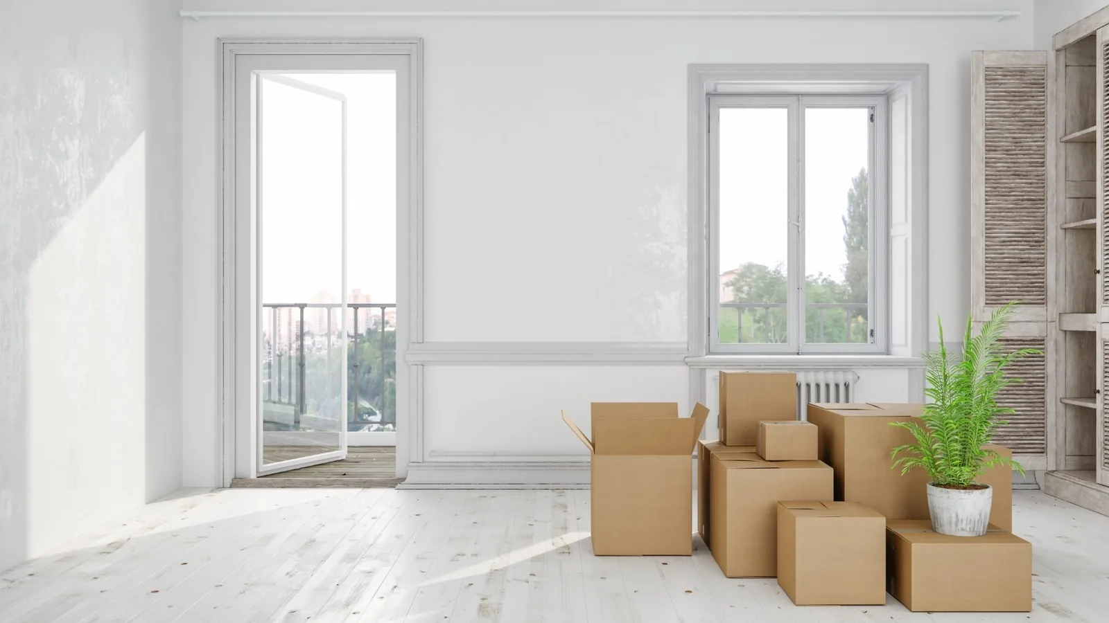 Bright room with boxes after post construction cleanup