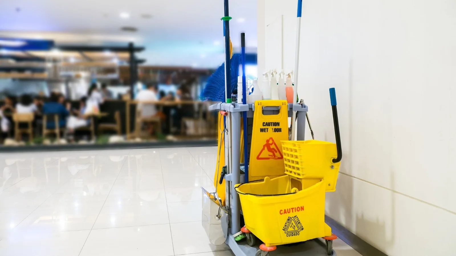Janitorial cart and caution sign in commercial space